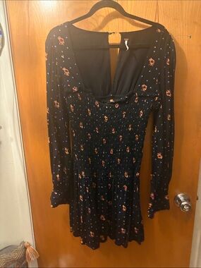 Long-Sleeve Black Floral Smocked Mini Dress